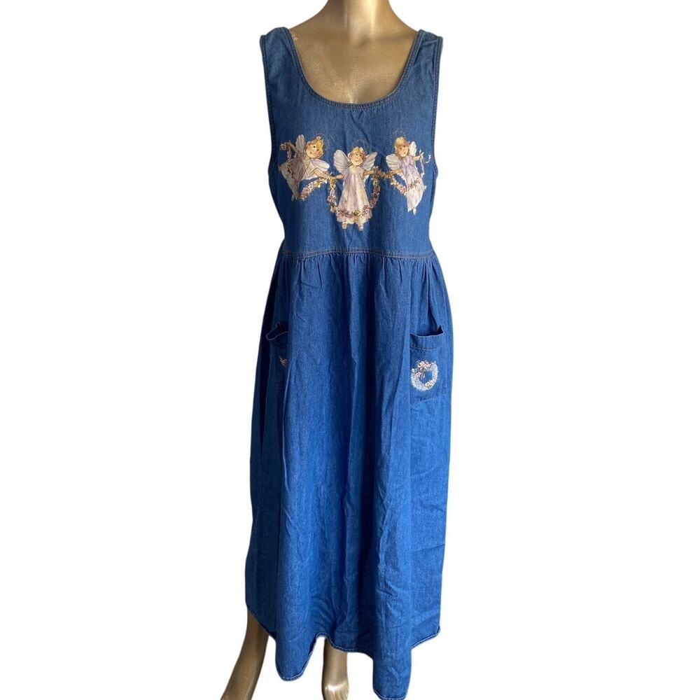 Vtg JP Angela Dallas Denim Angel Jumper Dress L Cottagecore Midi Ankle USA
